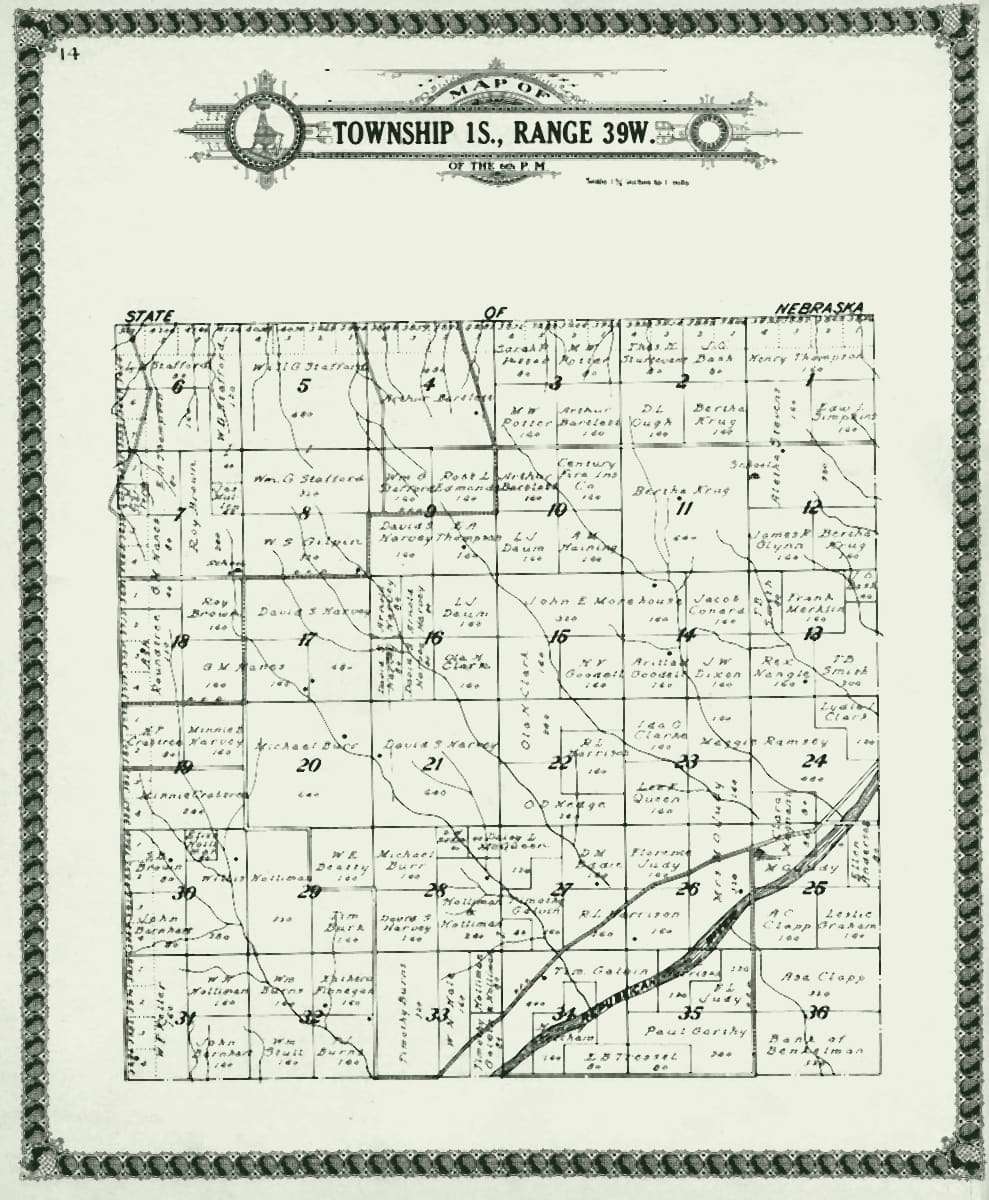County plat book page: a township divided into 36 numbered square sections, each parcel labelled with its owner and acreage, crossed by a river and a railroad