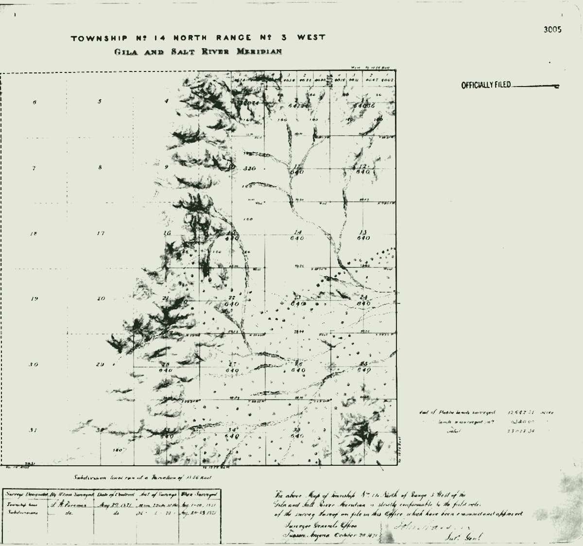 Hand-drawn General Land Office survey plat: a township grid of square sections marked 640 acres, with hills hatched along the west side and creeks running through it