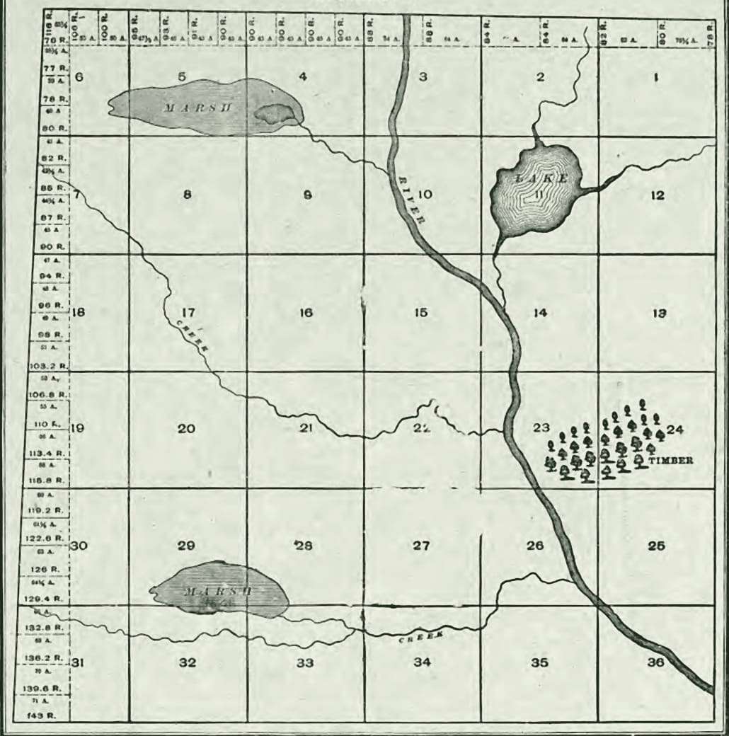 Diagram of a surveyed township: a six-by-six grid of numbered sections, with a marsh, a lake, a creek and a stand of timber drawn across it