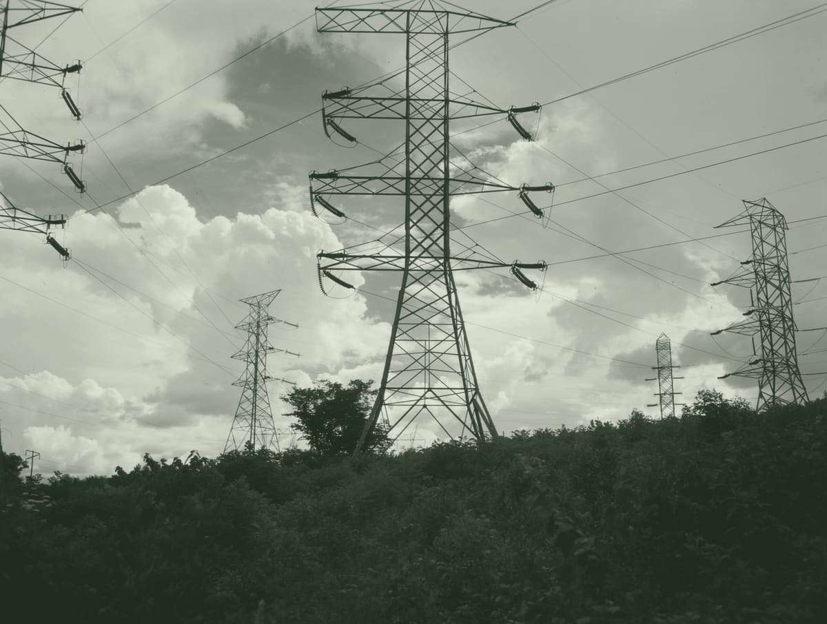 Steel lattice transmission towers carrying high-voltage lines over a hedge of brush, under a cloudy sky